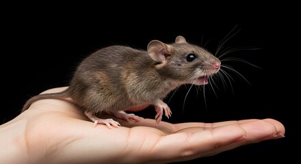 Small Brown Rat with Open Mouth Sitting Calmly on a Human Hand