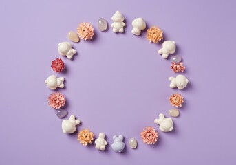 Pastel Easter wreath with flowers and animal-shaped candy on purple background.