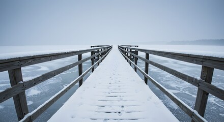 Fototapeta premium Snowy Wooden Pier Extending into a Vast Frozen Lake Under Winter Sky