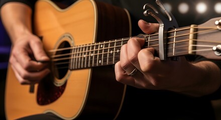 Close-up view of a person's hands playing an acoustic guitar, with a capo attached.