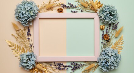 Floral frame with hydrangeas, lavender, and dried grasses.