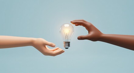 Concept of collaborative innovation and diversity, with two hands sharing a glowing light bulb as a symbol of a great idea