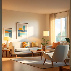 Modern lounge with framed artwork and neutral tone furniture