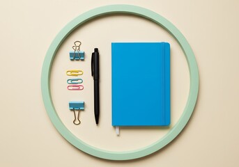 Blue notebook with pen and paperclips on a pastel background in a circle frame.
