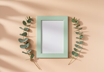 Mint green frame with eucalyptus leaves on a beige background with shadows.