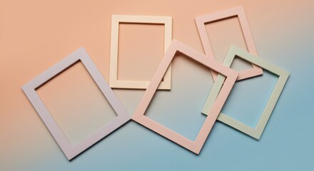 Five empty picture frames are scattered on a gradient background.