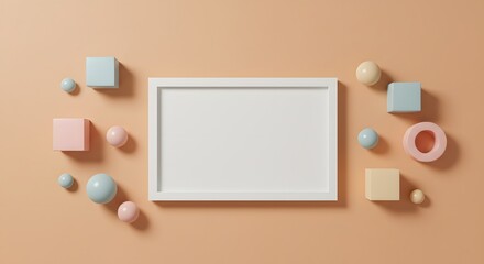 White frame mockup with pastel geometric shapes on a beige background.