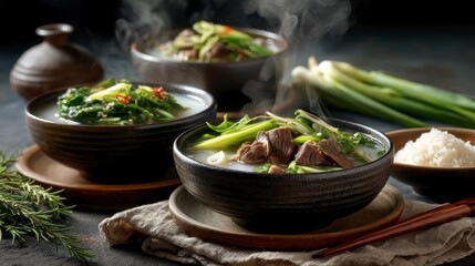 Delicious Gomtang Beef Bone Soup with Fresh Spring Vegetables
