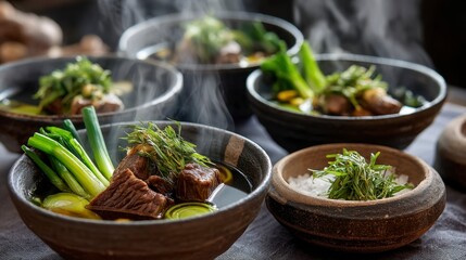 Fragrant Beef Bone Soup with Spring Onions in Traditional Bowls