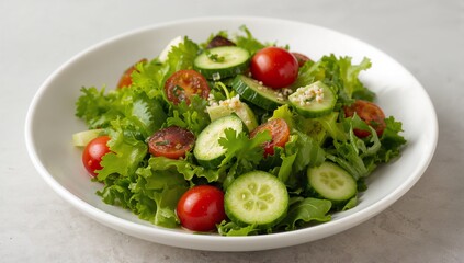 A fresh green garden salad with crisp lettuce, tomato, and cucumber