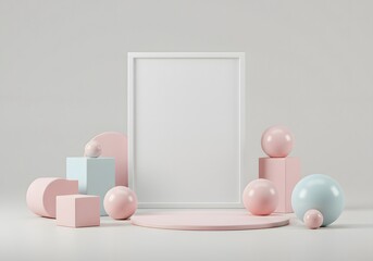 Minimalist frame mockup with pastel geometric shapes on a white background, perfect for showcasing artwork or designs.