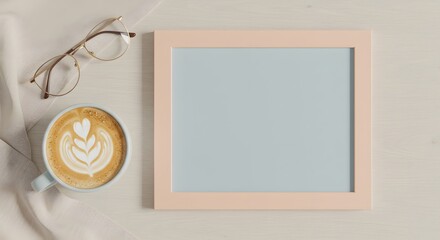 Aesthetic flat lay with coffee, glasses, and a frame on a neutral surface.