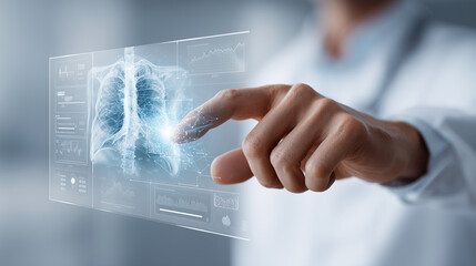 A doctor or scientist using a virtual screen to analyze medical data or a digital organ, symbolizing advanced healthcare technology