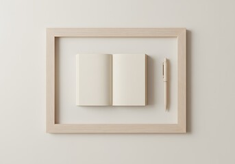 Open notebook and pen inside a wooden frame on a white background.