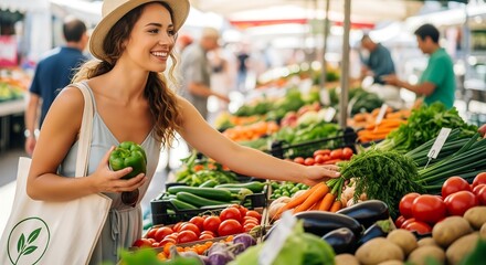A smiling woman wearing a hat selects fresh green bell pepper at a vibrant outdoor farmer's market stall filled with colorful produce.