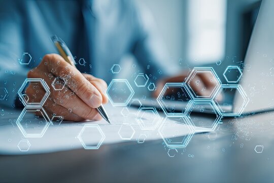Close-up of a person signing documents with a pen, overlaid with hexagonal graphic elements and a laptop