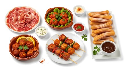 Spanish Tapas Platter with Ham, Croquettes, Skewers, and Churros.