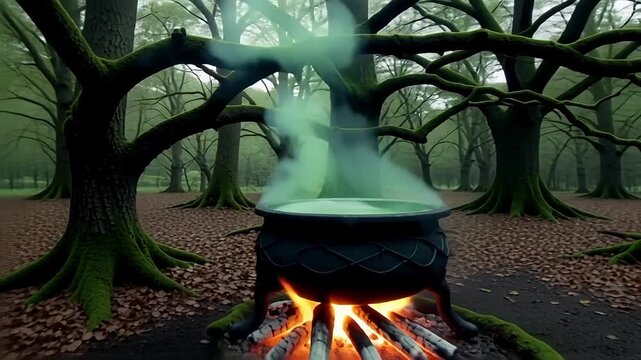 Mystical green potion bubbles in cauldron over campfire in ancient mossy forest
