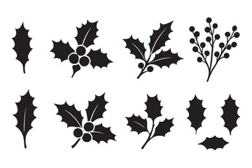 Set of black holly leaf and berry silhouettes. Decorative Christmas vector icons, isolated festive elements for holiday design, cards, and borders.