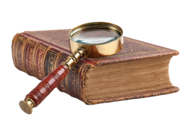 Antique Leather Book with Magnifying Glass on Transparent Background