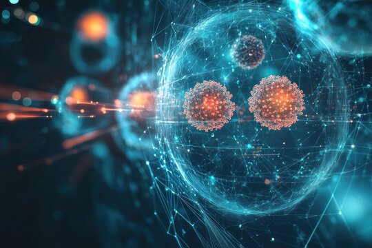 Microscopic view of virus cells with glowing details and intricate network connections in a digital environment