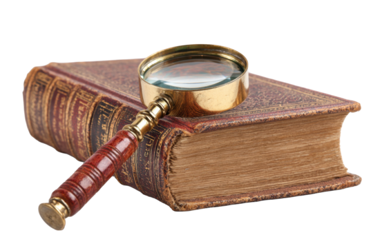 Antique Leather Book with Magnifying Glass on Transparent Background