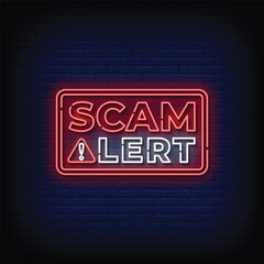 scam alert neon sign with brick wall background vector