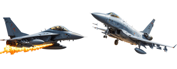 Grey Fighter Jet in Flight Side View Dramatic Lighting Intense Orange and Yellow Flames from Engines Smoke Trails A I G E N E R A T E D - P N G isolated on a transparent background 