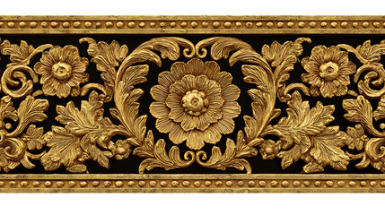 Ornate golden floral pattern on black background with border details on transparent background