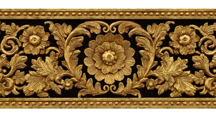 Ornate golden floral pattern on black background with border details on transparent background