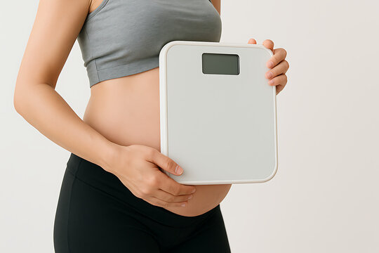 Pregnant woman holding weight scale, maternity health monitoring, pregnancy fitness lifestyle concept, female body care close up, prenatal weight management, motherhood healthcare balance, expecting m