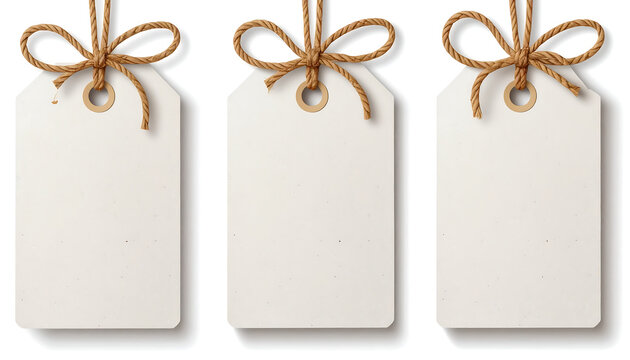 Three blank rustic tags with twine bows ready for your custom message or branding.
