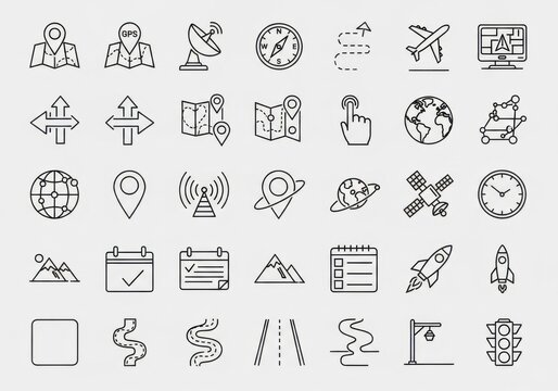 Collection of Navigation and Location Icons for Travel and Planning