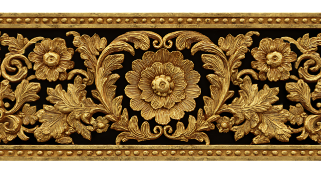Ornate golden floral pattern on black background with border details on transparent background