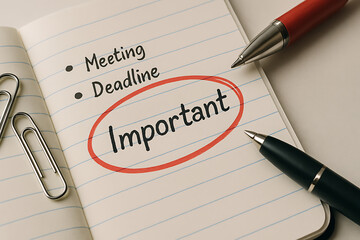 Important meeting deadline note, business reminder concept, paper notebook with text written, red circle highlight, office organization planning, corporate agenda checklist, productivity management, s