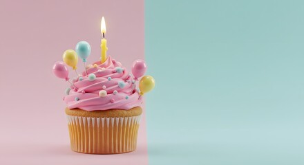 A festive cupcake with pink frosting, sprinkles, balloons, and a lit candle.
