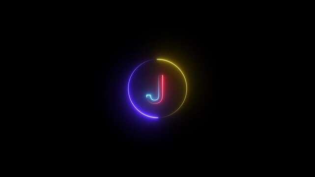 Alphabet capital letter J text. Futuristic neon glowing symbol on black background. Educational concept. 4k video.