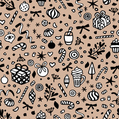 Vector seamless pattern with hand drawn doodles: sweets, gift boxes, bulbs, snowflakes and serpentine. Cute design for Christmas wrapping paper, textile, wallpaper and backgrounds.