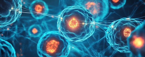 Microscopic view of cells with glowing nucleus and interconnected network in blue and orange hues for scientific research