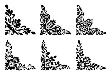Collection of six black floral corner ornaments isolated on white background
