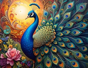 Vibrant Peacock Art: Detailed Illustration with Floral and Abstract Background