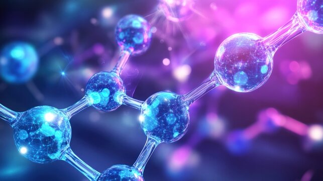 Detailed view of a molecular structure with glowing blue and purple hues for scientific research - Powered by Adobe