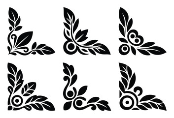 Set of six decorative floral corner ornaments isolated on white background