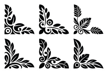 Collection of six decorative floral corner elements isolated on white background