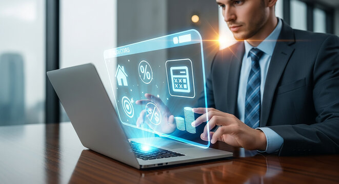 Businessman managing business analytics and financial growth using futuristic hologram interface on laptop