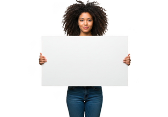 Woman holding a blank rectangular sign on transparent background