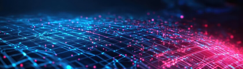 Obraz premium Detailed digital network visualization illustrating interconnected data points and glowing lines in vibrant blue and red neon colors for technology and innovation themes