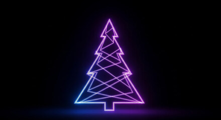 Glowing neon christmas tree shining on dark background