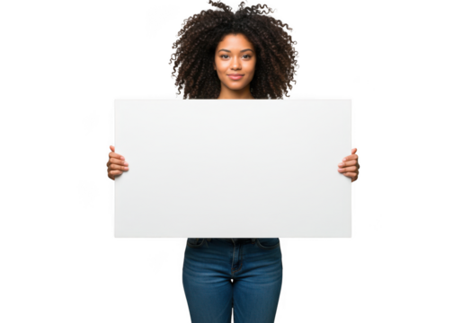 Woman holding a blank rectangular sign on transparent background
