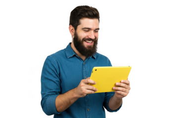 Man smiling while holding yellow tablet on transparent background